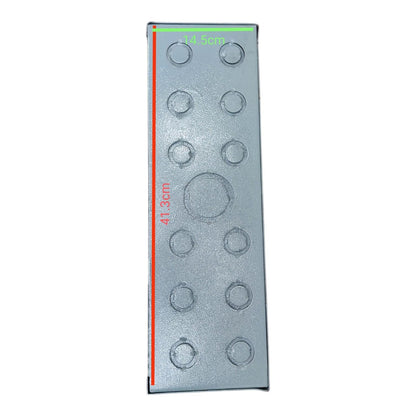 A rectangular metallic panel with multiple circular recessed wells, shown on a plain white background with red and green dimension lines and text indicating measurements.