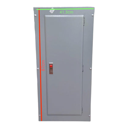 A gray metal electrical panel or cabinet shown front-on against a white background, with red and green measurement lines and text indicating dimensions: 820mm height and 41.3cm top width.