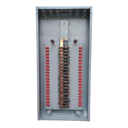 An open gray metal electrical distribution panel showing internal busbars, terminal blocks, and red contact elements on a white background.