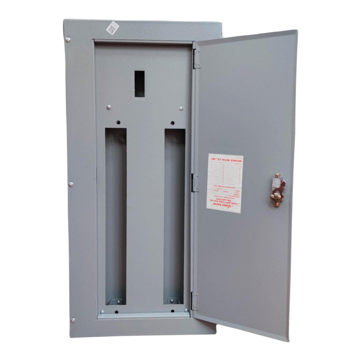 A gray metal electrical panel or switch cabinet with the door open, showing two vertical slots inside and a lock mechanism on the door, photographed against a plain white background.