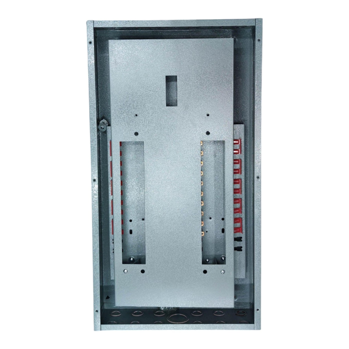 A silver metal electrical distribution panel or switch cabinet shown from the front against a plain white background.