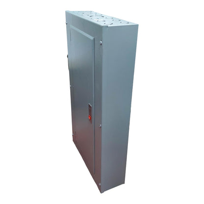 A tall, rectangular gray metal electrical cabinet or enclosure with a hinged door, top ventilation holes, and a small red switch detail, shown on a plain white background.