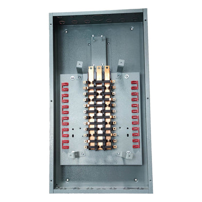 An open metal electrical panel or distribution box showing internal bus bars, terminal blocks, and red contact elements on a plain white background.