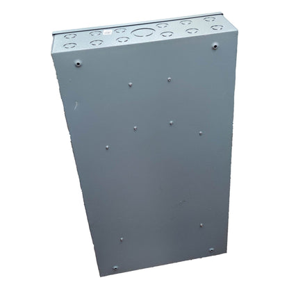 A gray metal electrical junction box with pre-drilled screw holes and circular top openings, shown at an angle on a white background.