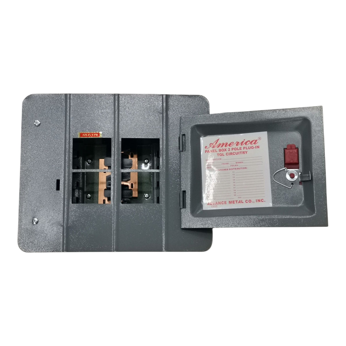 A gray metal electrical breaker box with the door open, showing internal components on the left and a lockbox with a key on the right. A paper insert inside the lockbox reads 'America' and '2-Pole Fuse In Tie-Security'.