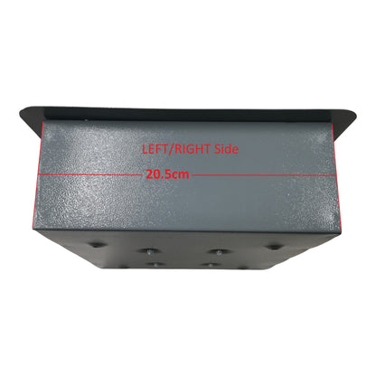 A dark gray metal bracket or corner piece shown on a white background with red overlaid dimension lines and text reading 'LEFT/RIGHT Side 20.5cm', indicating side measurement information.