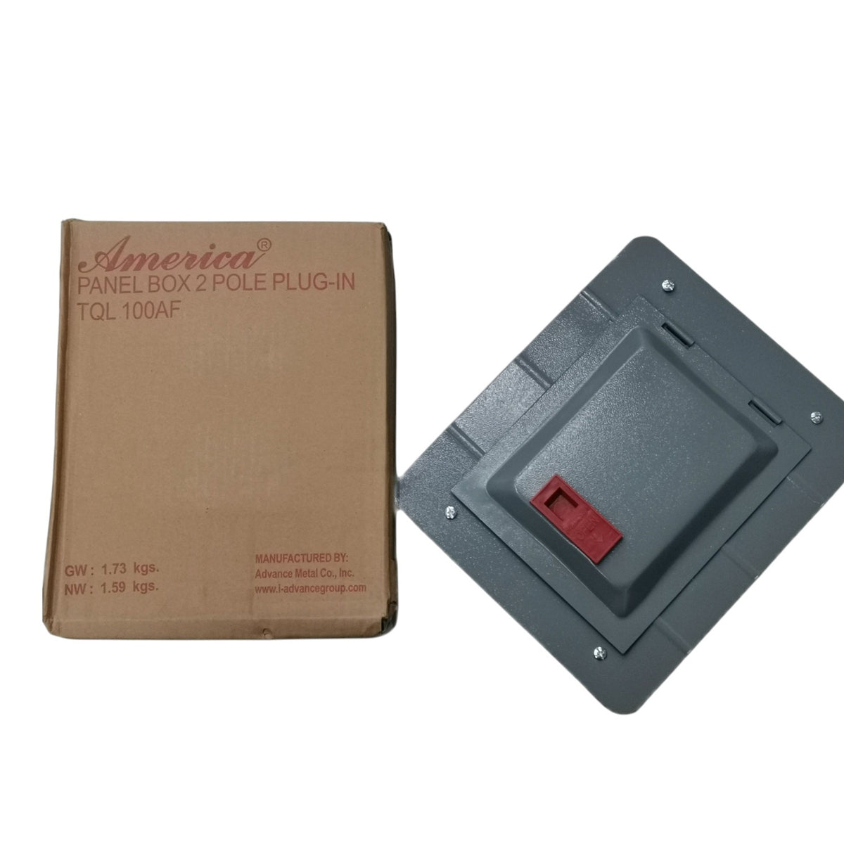 A brown cardboard shipping box labeled 'America PANEL BOX 2 POLE PLUG-IN TQL 100AF' next to a dark gray metal panel box with a red switch, shown on a white background.