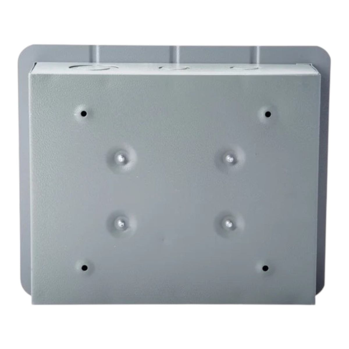 A square gray metal junction box with pre-drilled screw holes and a mounting bracket on the back, shown against a plain white background.