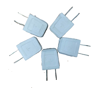 Anchor Plug Plastic 3A 125V white electrical plugs arranged in circular pattern on black background