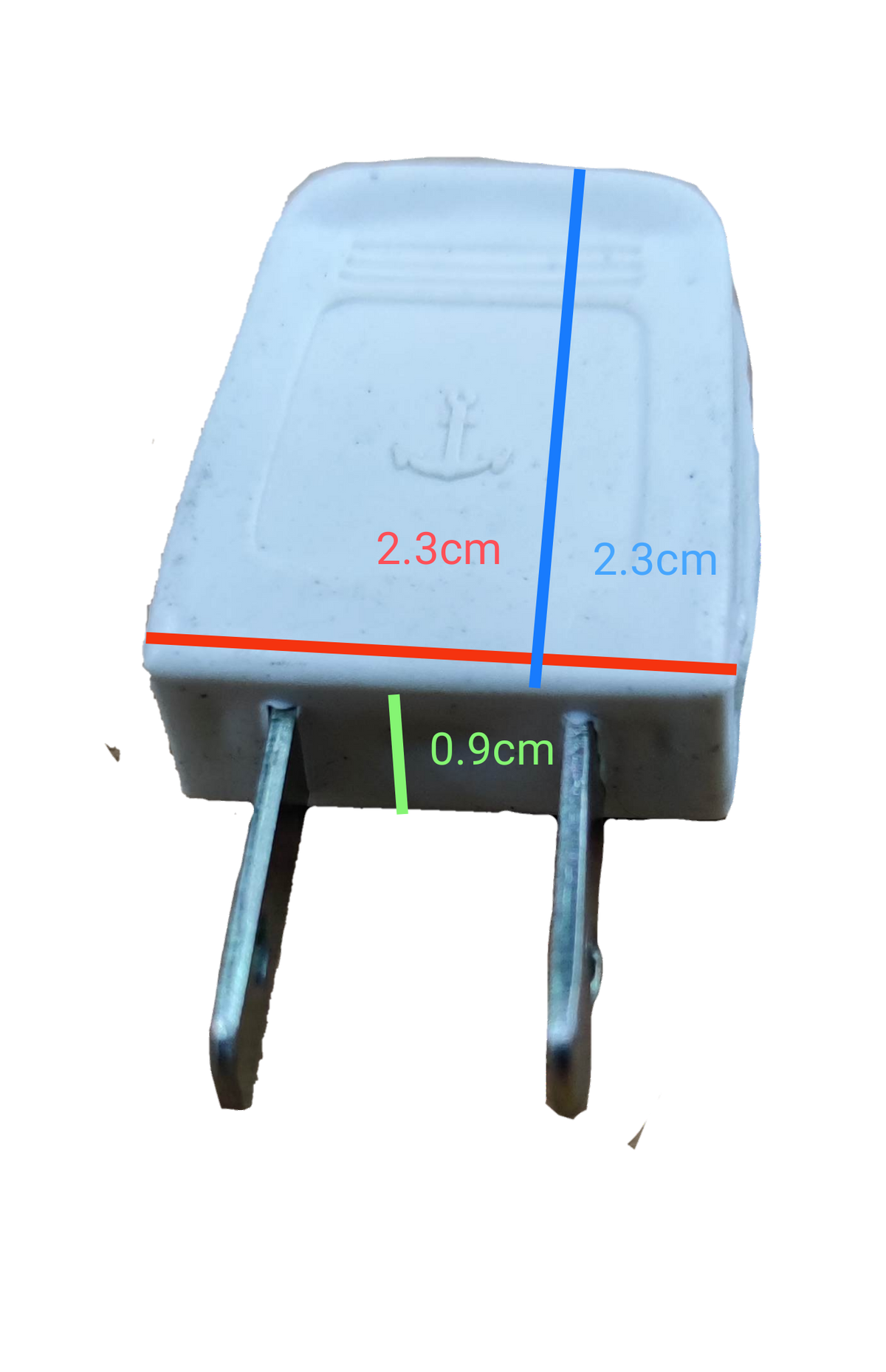 Anchor Plug Plastic 3A 125V white two-prong electrical plug with measurements on black background