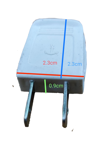 Anchor Plug Plastic 3A 125V white two-prong electrical plug with measurements on black background