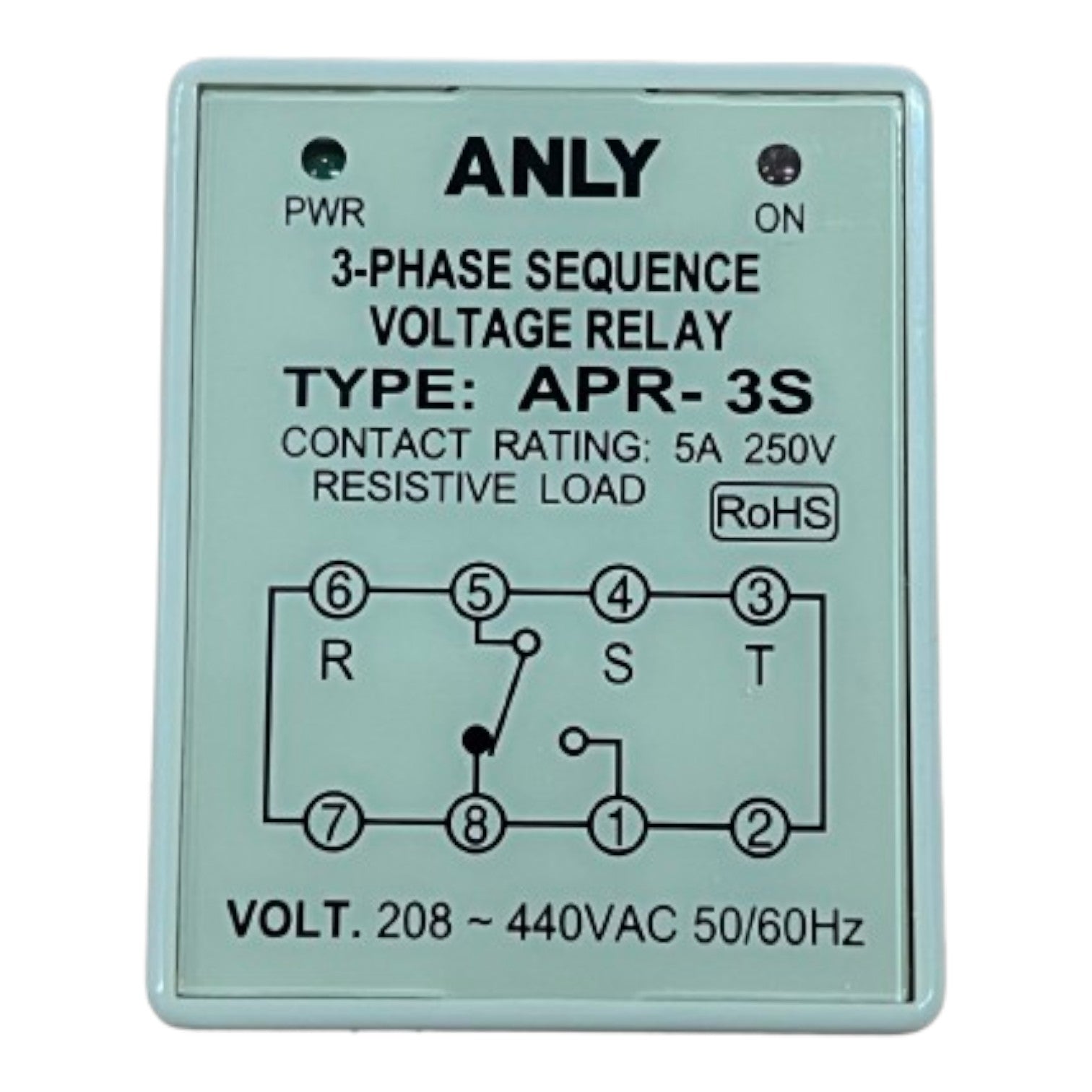 3-phase sequence voltage relay with specifications on a light green background