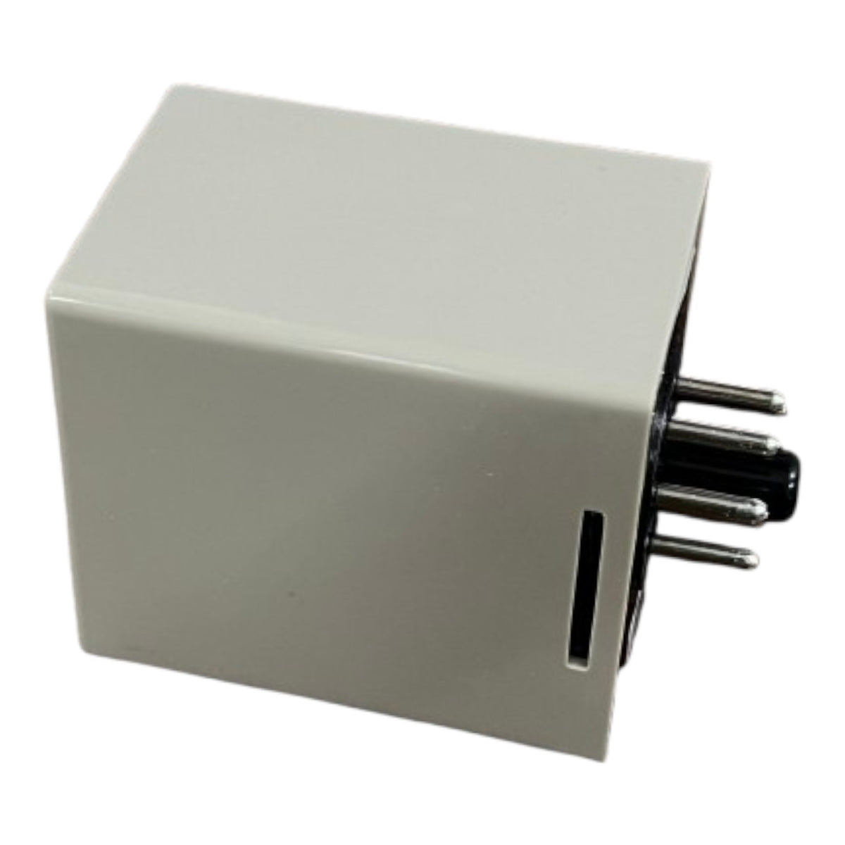 White electronic component with metallic contacts on a white background