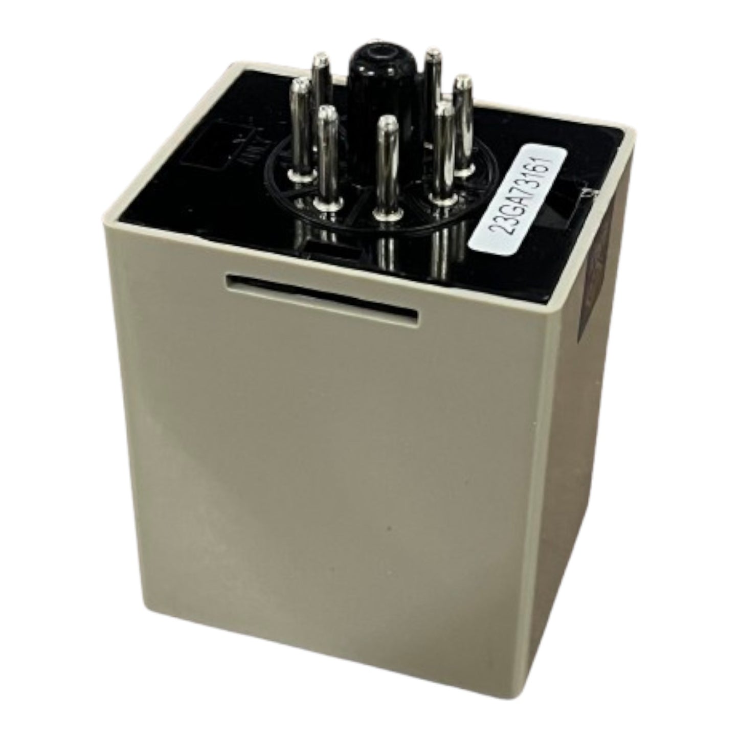 Rectangular electronic component with metallic pins on a white background