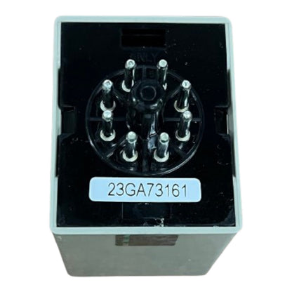 Electrical relay with a label on a white background