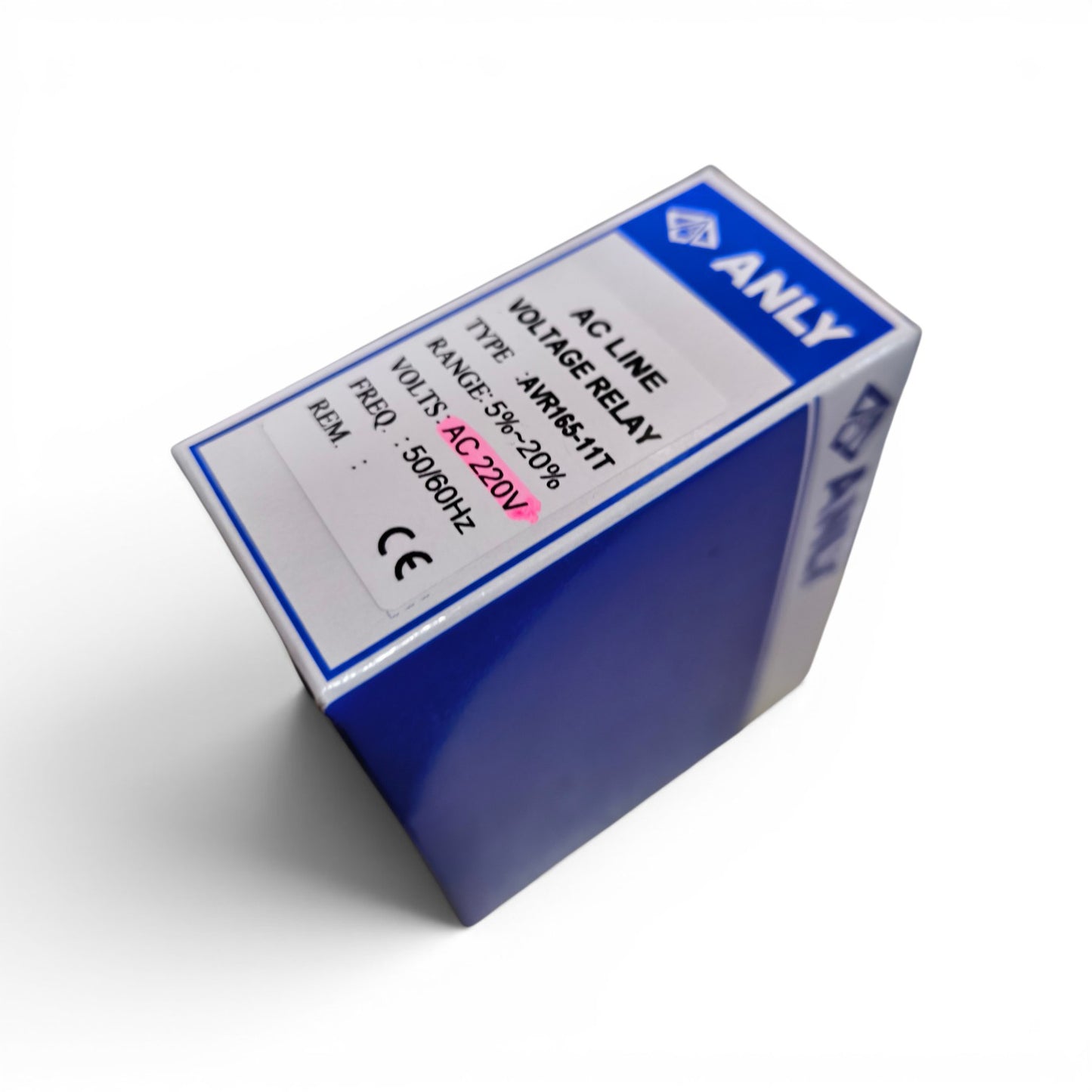 Blue and white box with technical specifications on a white background