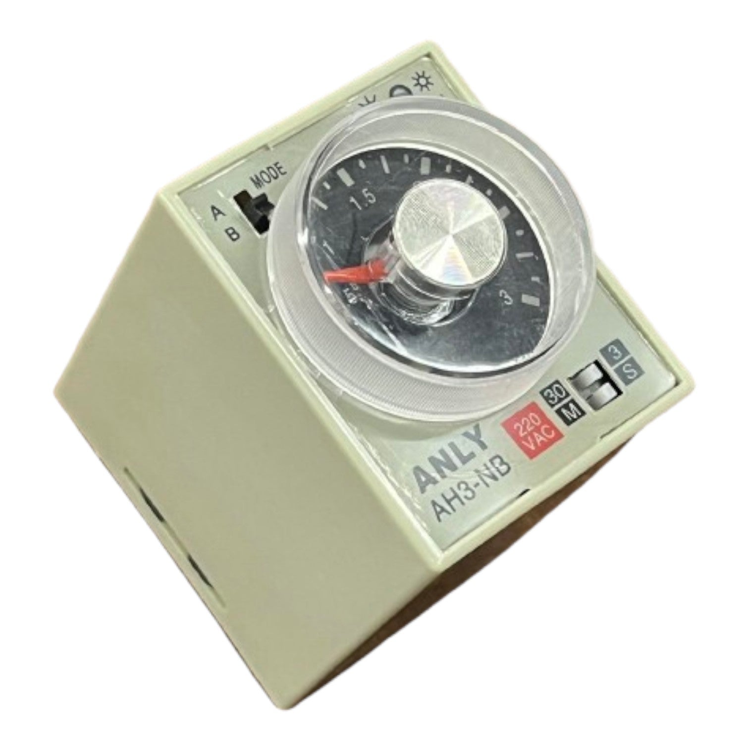 Mechanical timer with brand name on a white background