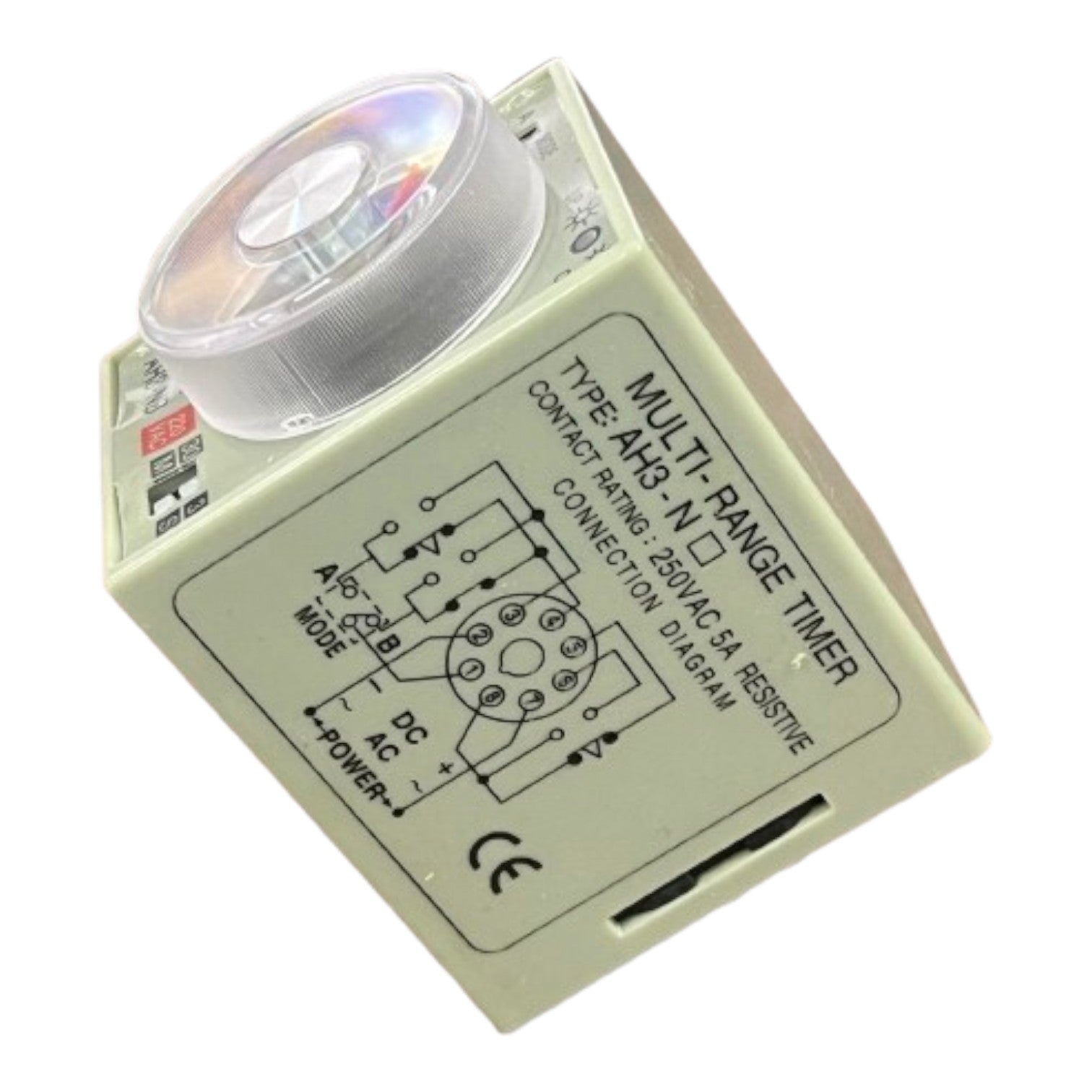Multi-range timer switch with LED indicator on a white background