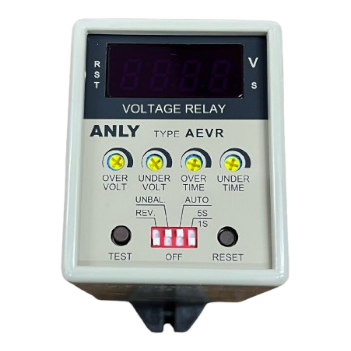 Voltage relay with digital display and labeled buttons on a white background