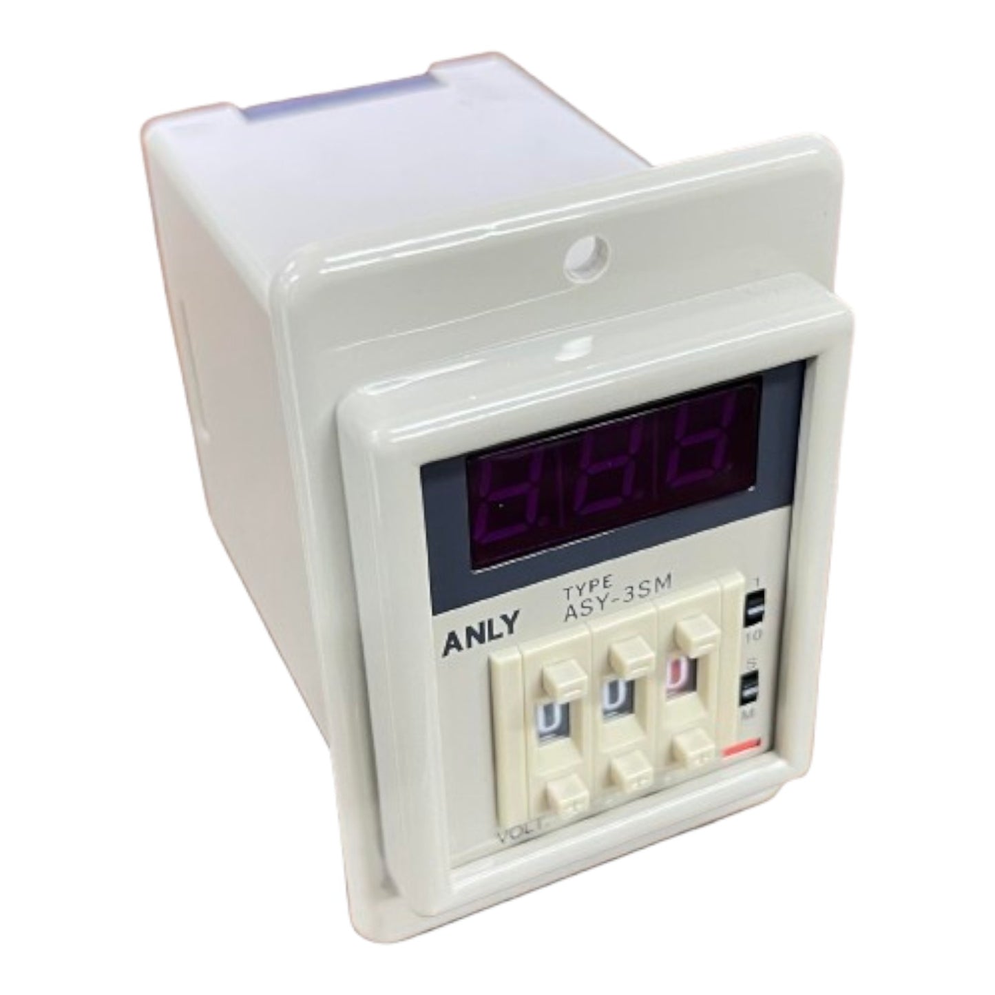 Digital timer with a white casing on a white background