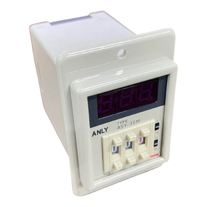 Digital timer with a white casing on a white background