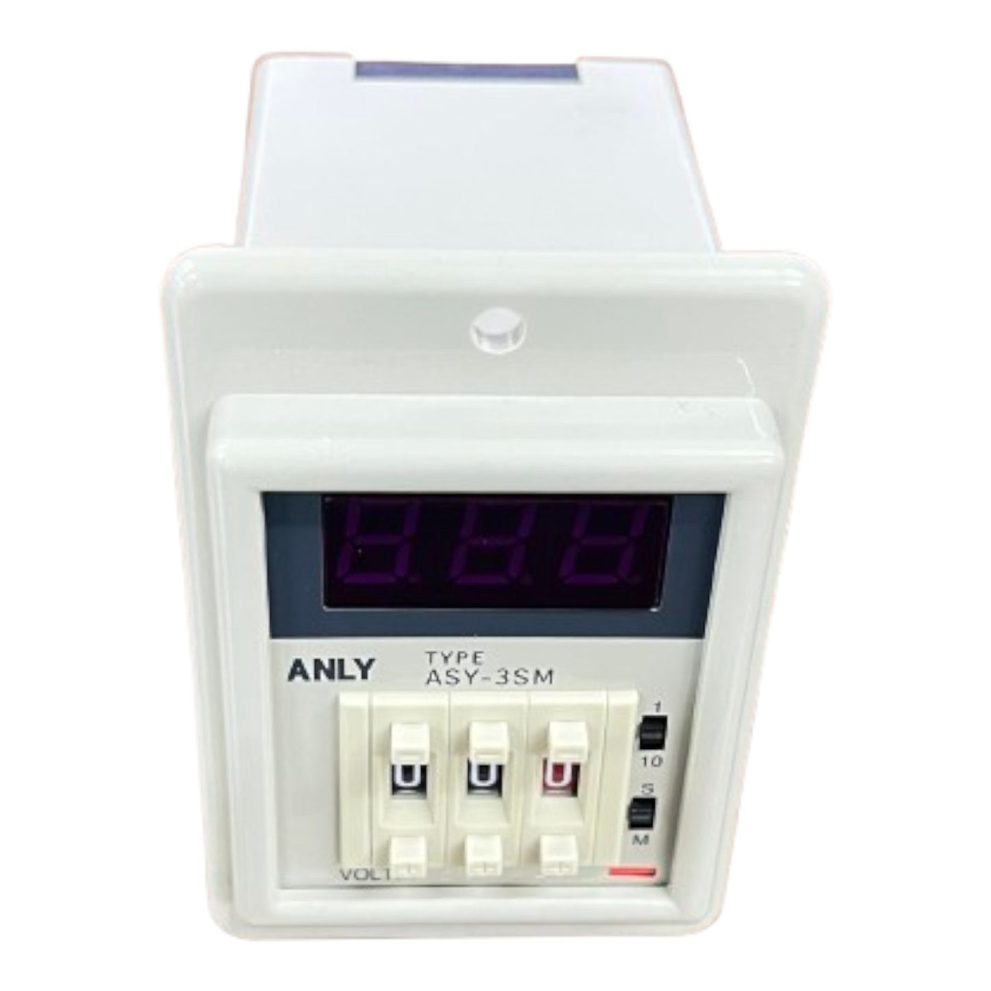 Digital meter with a white casing and digital display on a white background