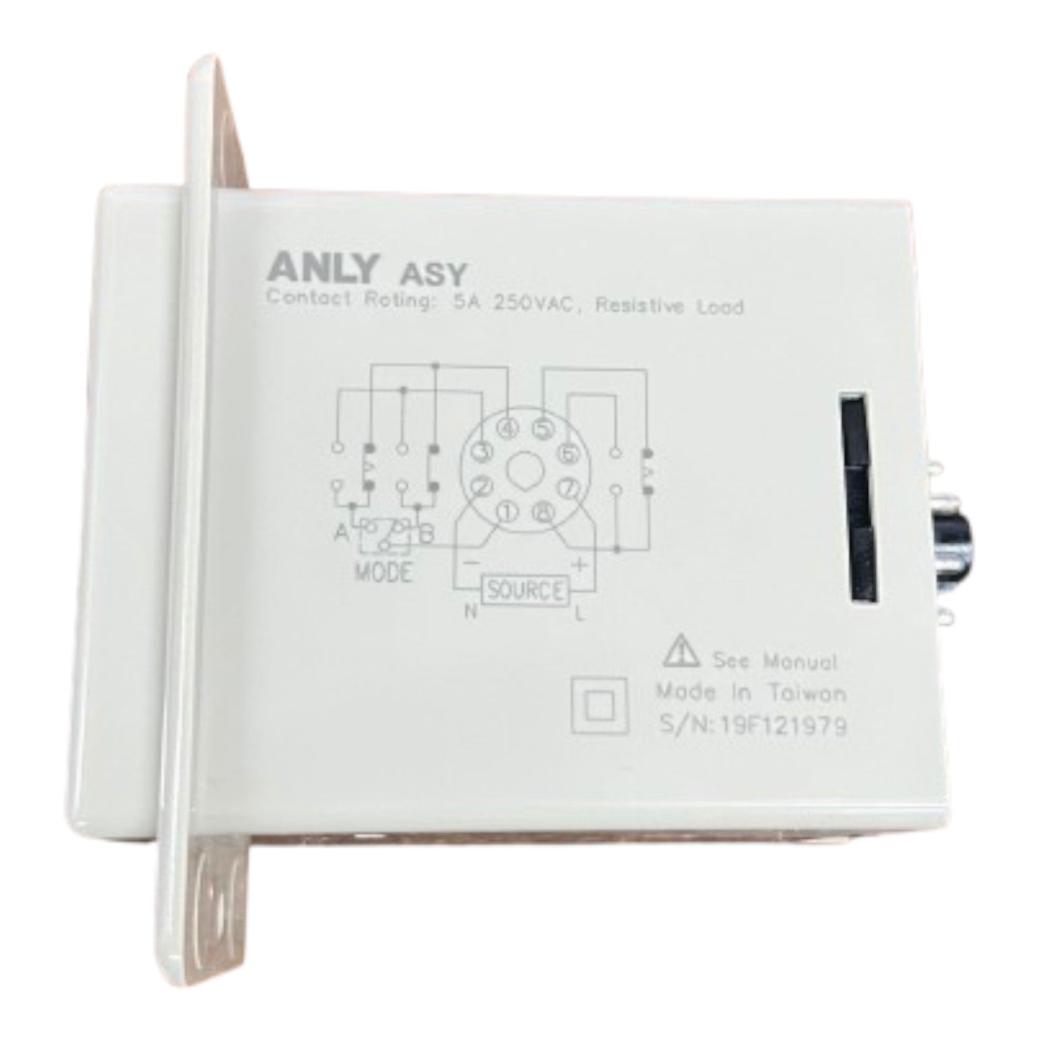 Electrical component with 'ANLY ASY' branding and technical diagrams on a white background