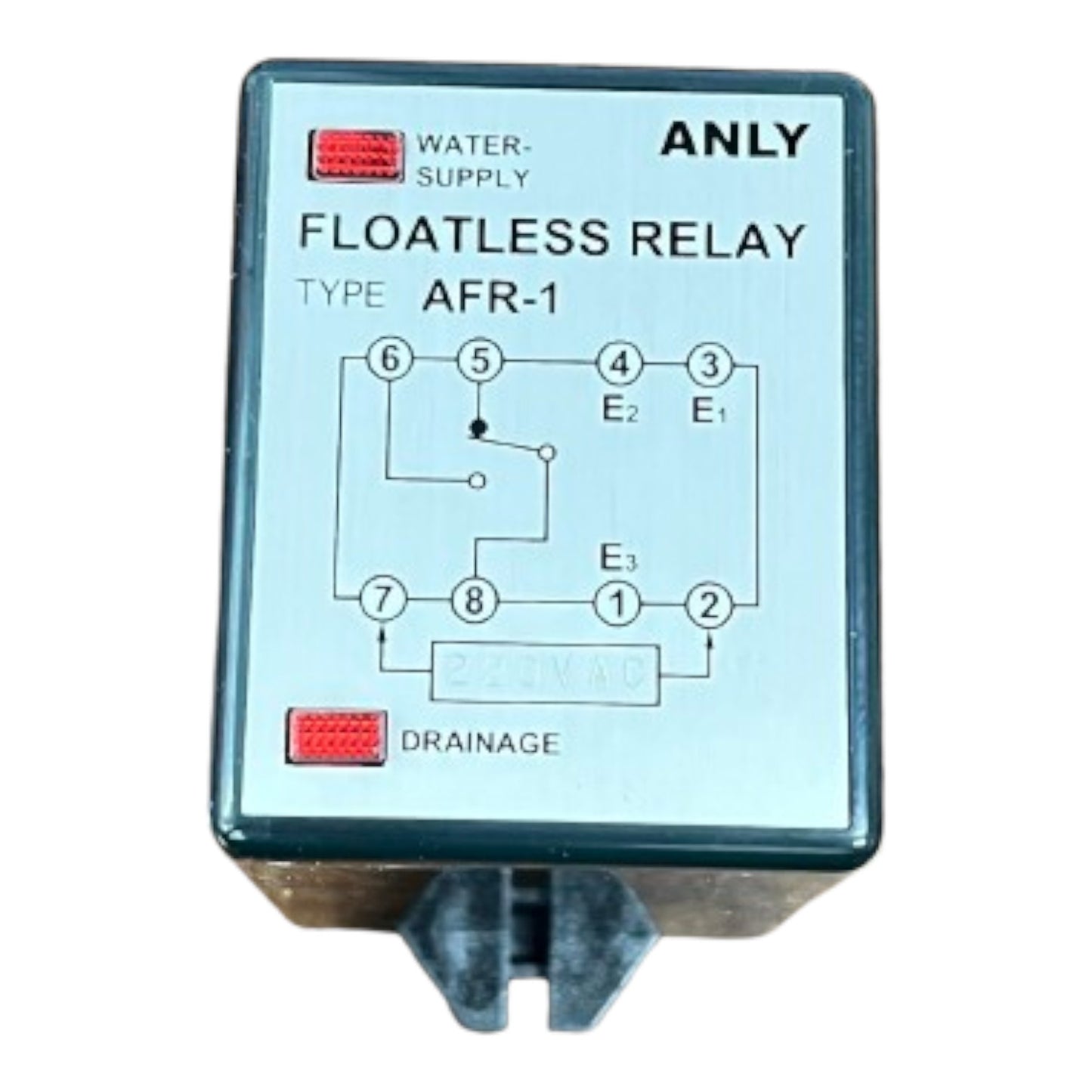 Floatless relay with wiring diagram on a white background