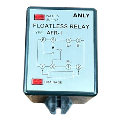 Floatless relay with wiring diagram on a white background