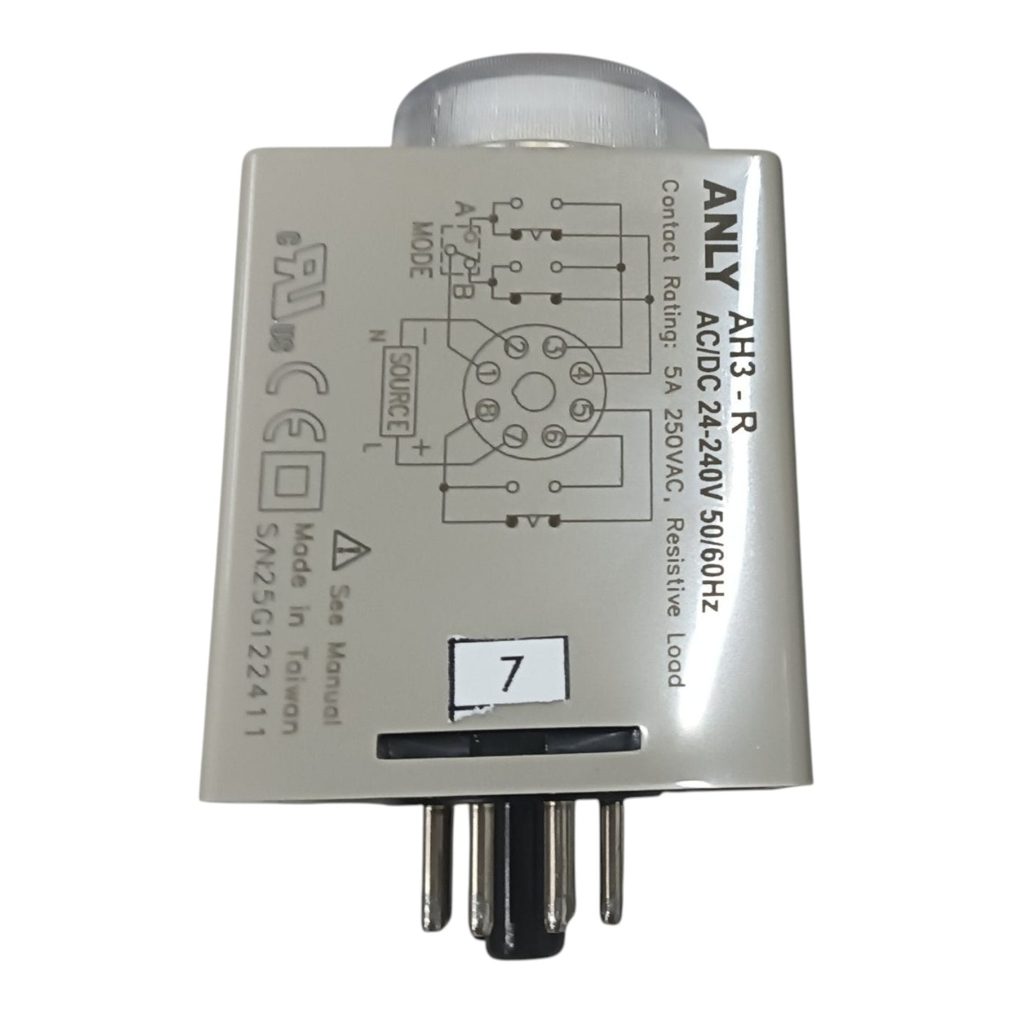Electrical component with technical diagram and branding on a white background