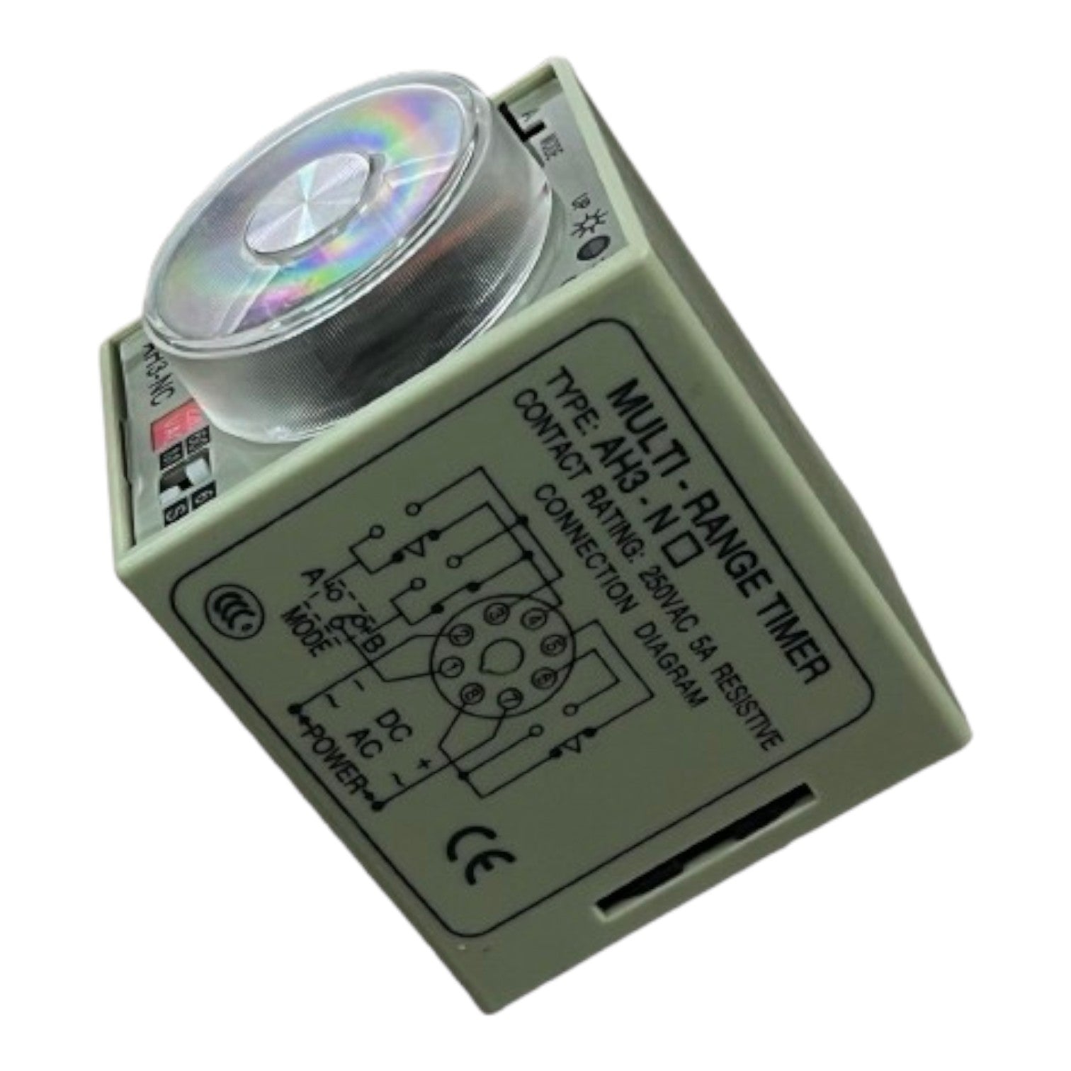 Multi-range timer switch with a rainbow-colored component on a white background