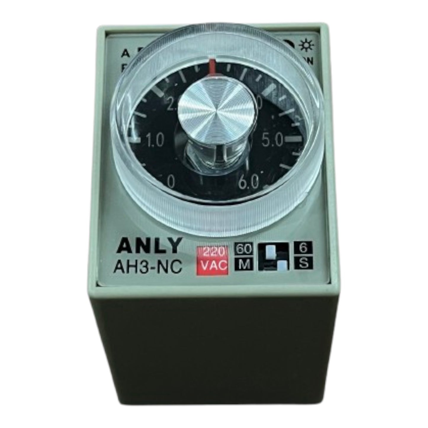 Mechanical timer with a dial and labeled specifications on a white background