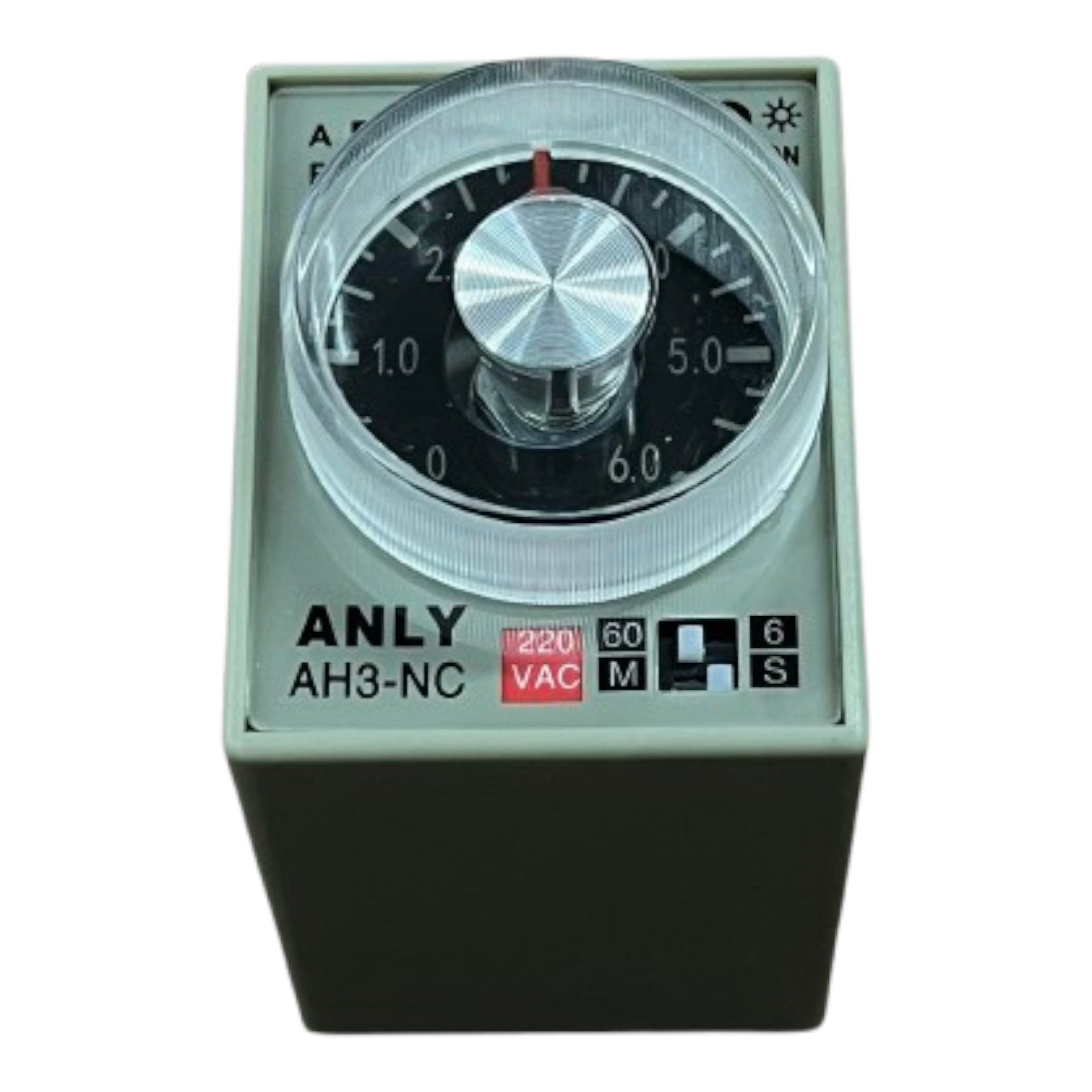Mechanical timer with a dial and labeled specifications on a white background