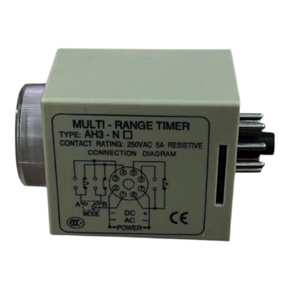 Multi-range timer device with technical specifications on a white background