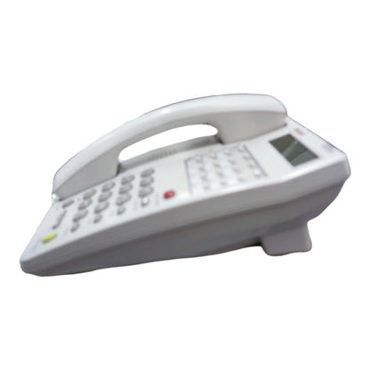 A white cordless landline telephone with a numeric keypad, small display screen, and handset, shown on a plain white background.