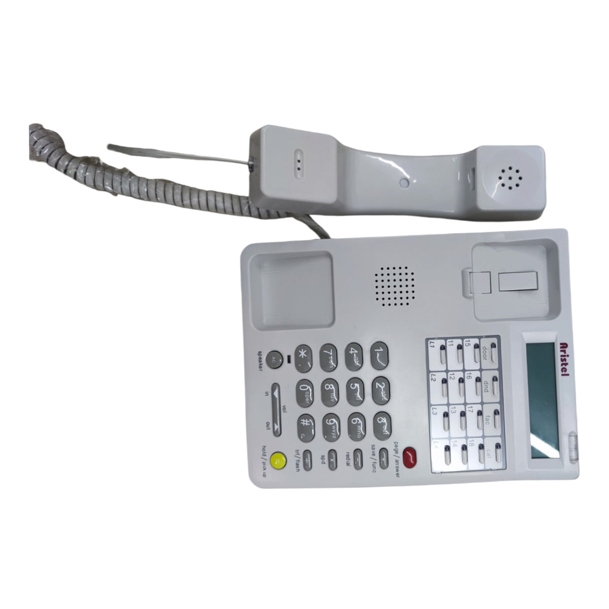 A white polycom conference phone base unit with a matching corded handset resting on top, shown against a plain white background.