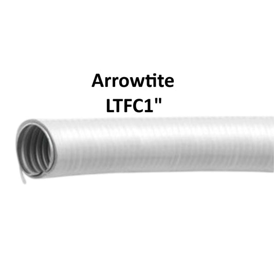 A close-up of a white corrugated flexible hose with a rolled end, shown on a plain white background with the text 'Arrowtite LTFC1"' above it.
