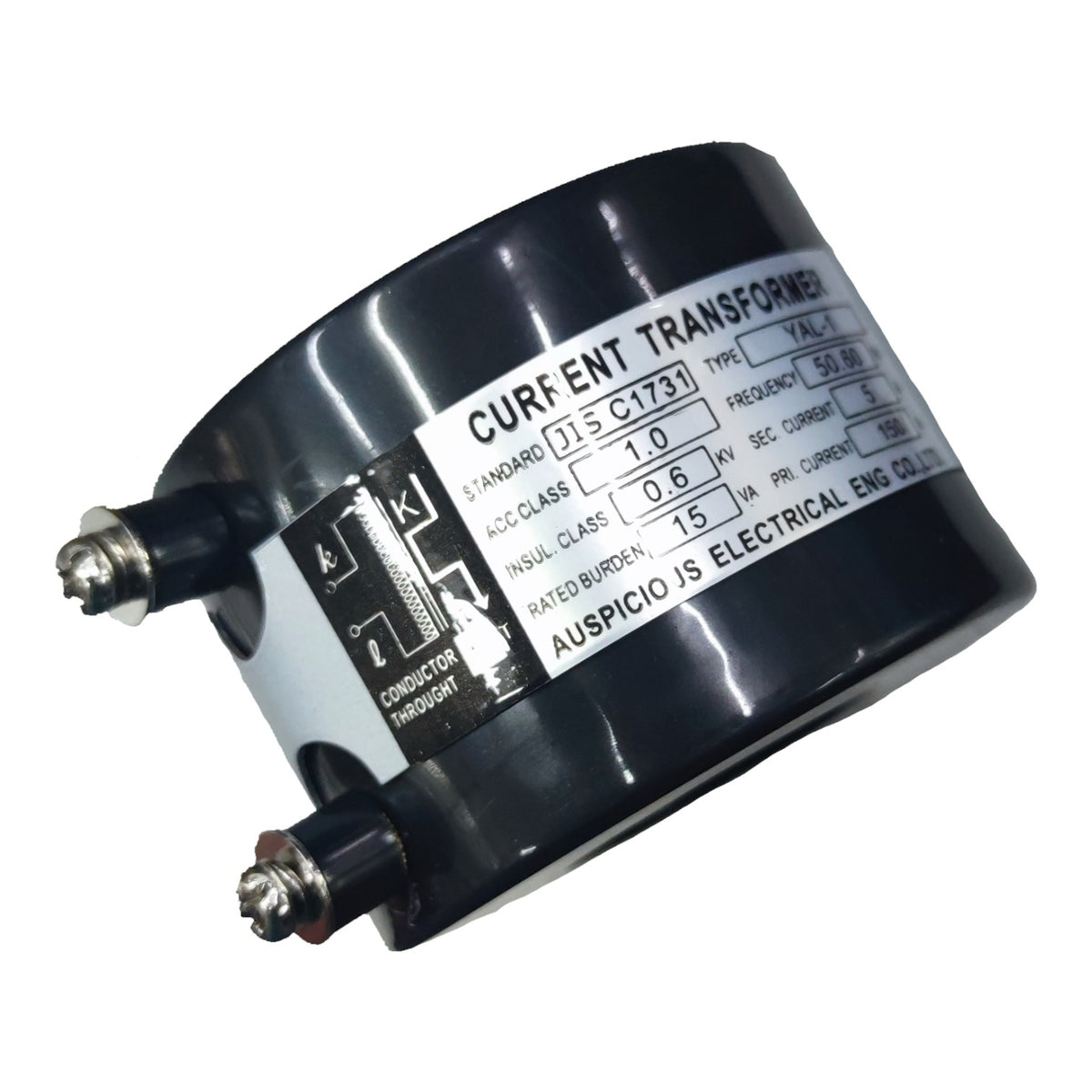 A cylindrical black current transformer with printed technical specifications on its side, featuring two metal terminal posts with silver screws, isolated on a white background.