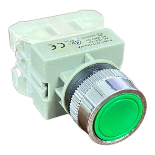 A push button switch with a light green plastic housing, a silver metal ribbed bezel, and a bright green circular button face, shown on a plain white background.