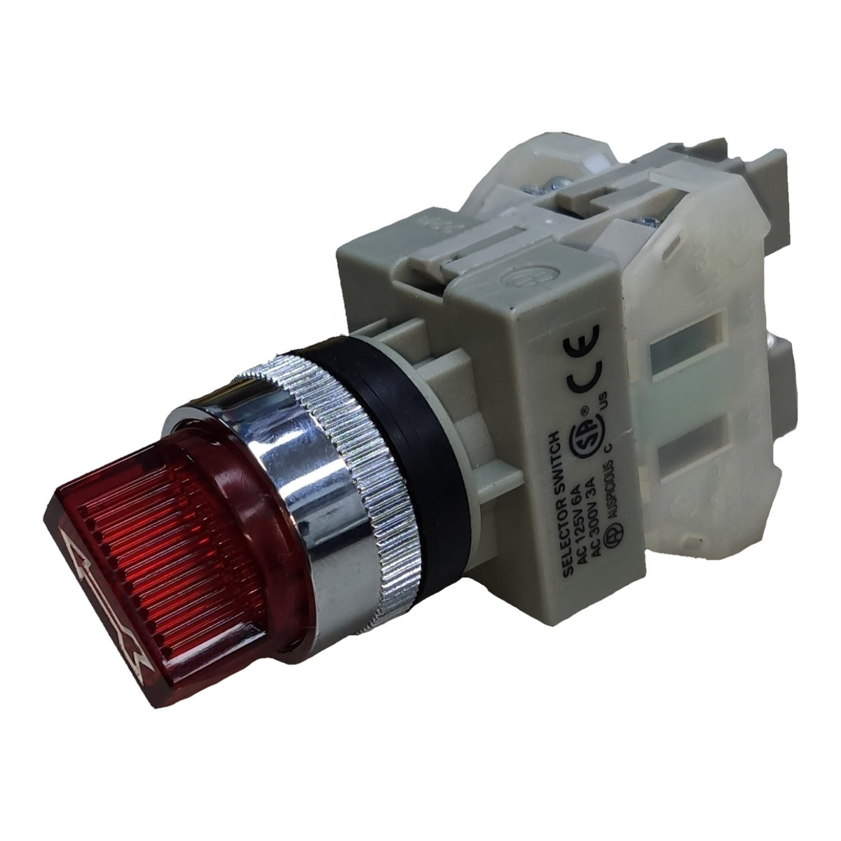 A red and silver industrial push-button selector switch with a gray plastic housing, shown on a plain white background.