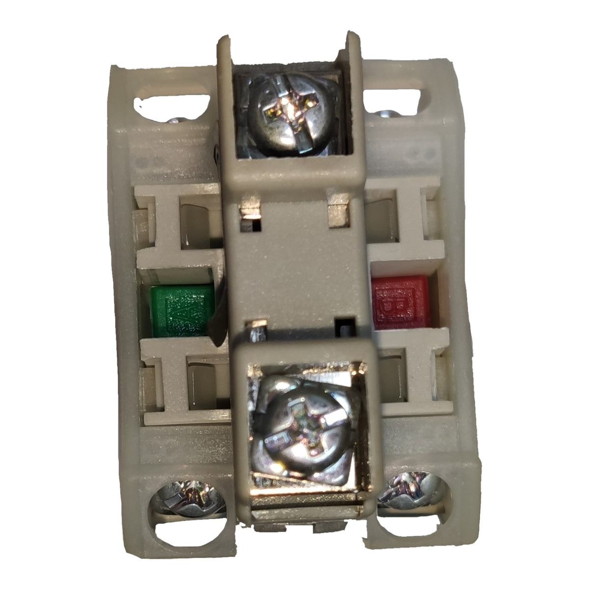 A plastic electrical terminal block connector with silver screw terminals and small green and red indicator tabs, shown on a plain white background.