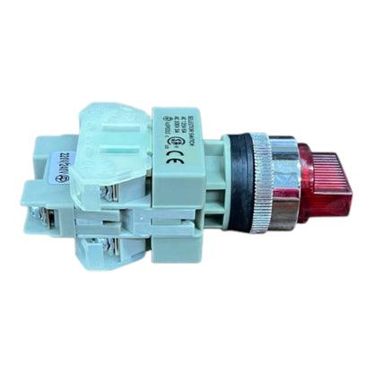 An industrial push-button relay module with a light green plastic housing, a silver and black adjustment ring, and a red indicator light, shown on a white background.