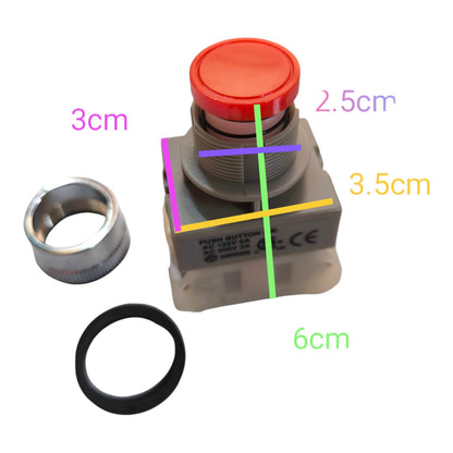 Industrial push button assembly with a red top, gray housing, silver metal collar, and black rubber gasket, shown with overlaid dimension labels in centimeters on a white background.
