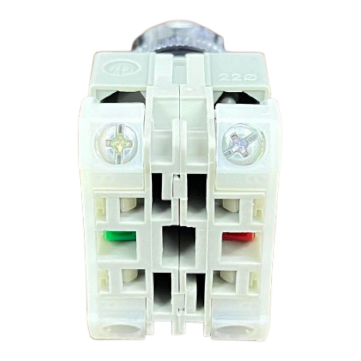A white plastic electrical terminal block connector with screw terminals, a green and red ground pin, and a silver metal top cap, isolated on a white background.