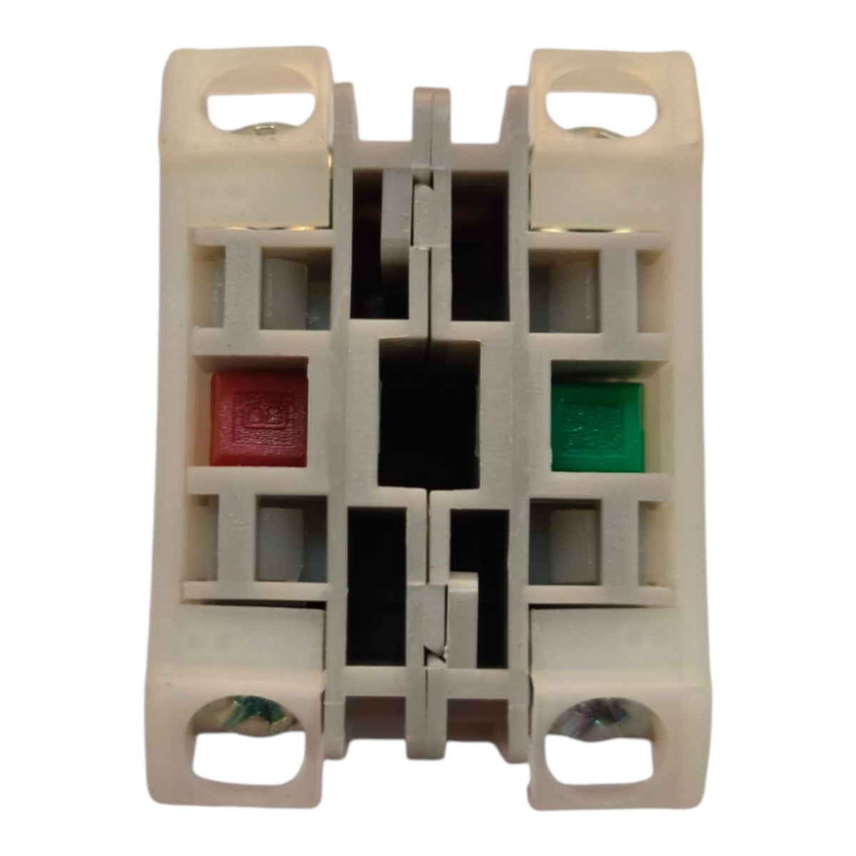 A double-pole electrical terminal block connector with a beige plastic housing, featuring red and green colored terminal blocks in the center, isolated on a white background.
