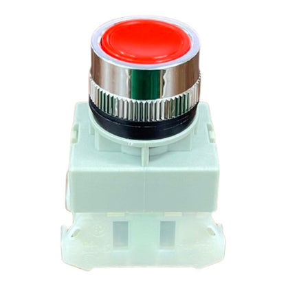 An industrial push button with a red top, a shiny silver metal collar, a ribbed black ring, and a light green plastic housing on a white background.