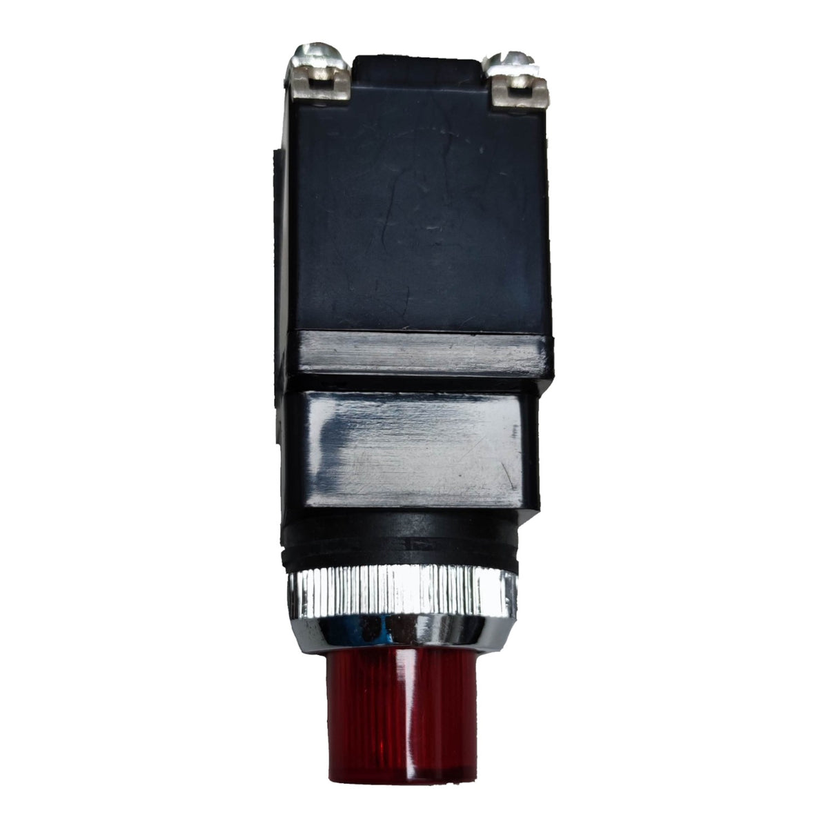 A small industrial electrical component with a black rectangular housing, silver metal mounting hardware, and a red push-button terminal at the bottom, shown on a plain white background.