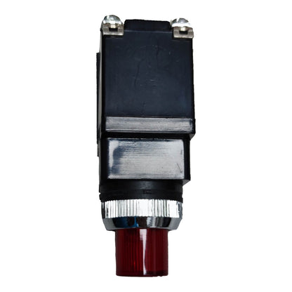 A small industrial electrical component with a black rectangular housing, silver metal mounting hardware, and a red push-button terminal at the bottom, shown on a plain white background.