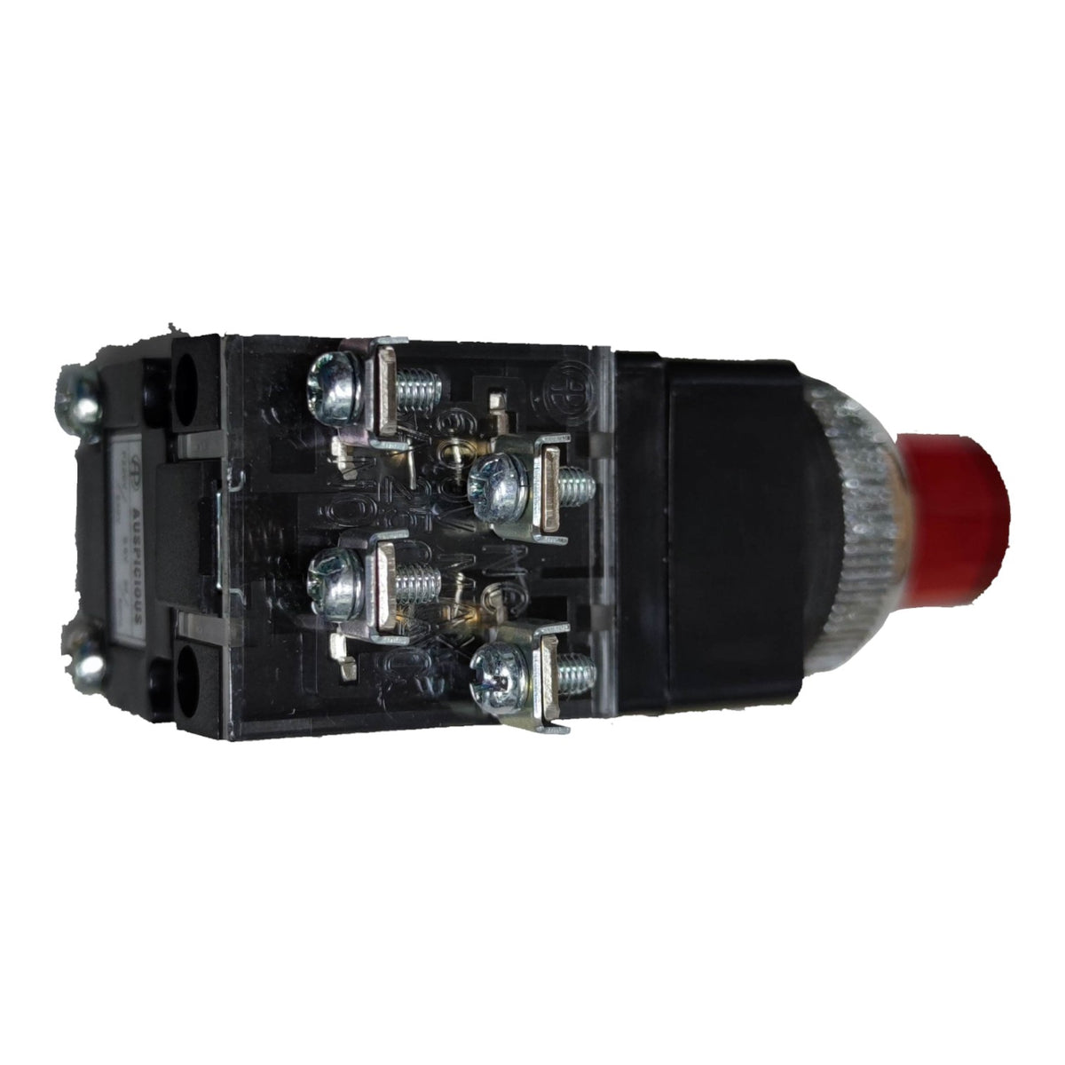 A black industrial push-button switch module with exposed internal terminals, silver screws, and a red button head, isolated on a white background.