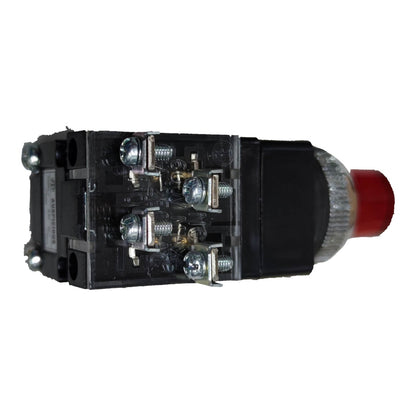 A black industrial push-button switch module with exposed internal terminals, silver screws, and a red button head, isolated on a white background.